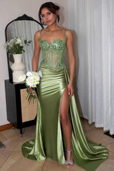 Green Prom Dress Corset Sequined Long Evening Dress With Slit